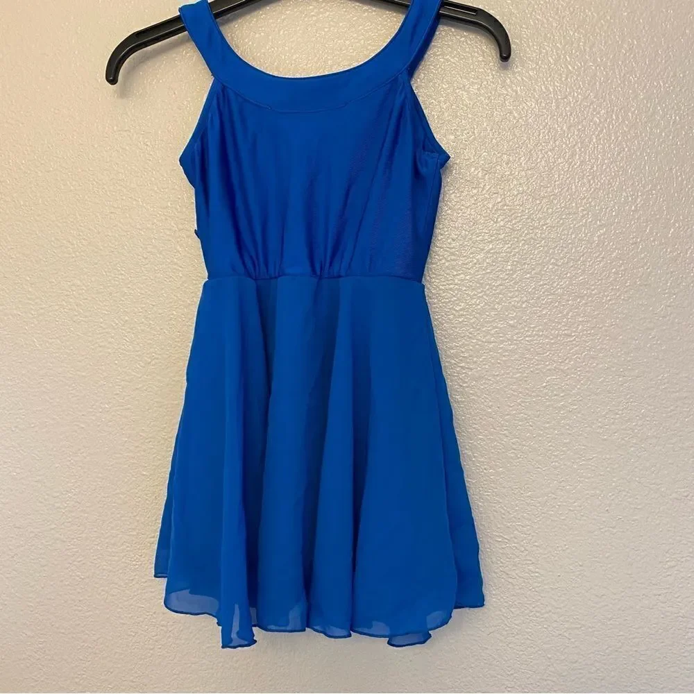 Glamour dance costume blue bedazzled rhinestones sequin dress-child S/MC